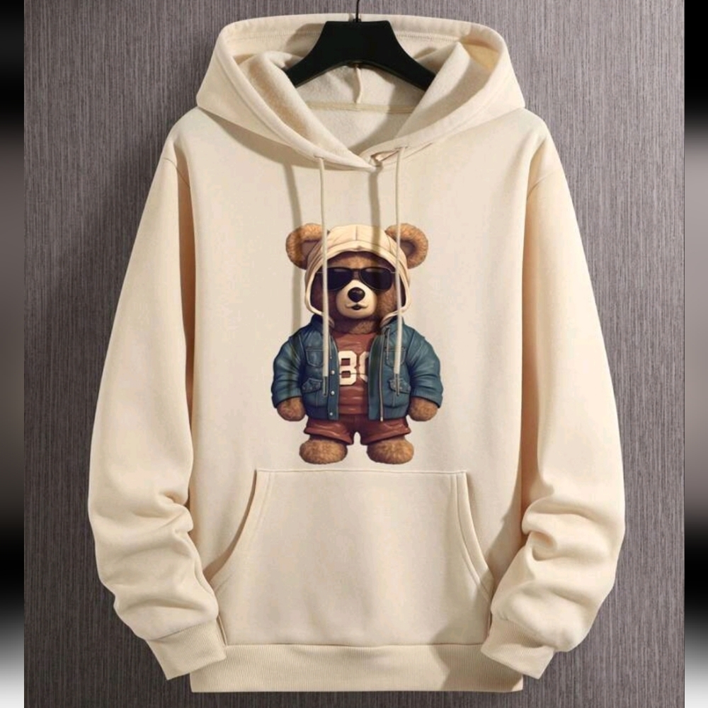 Cool Bear Graphic Print Kangaroo Pocket Apricot Mens Large